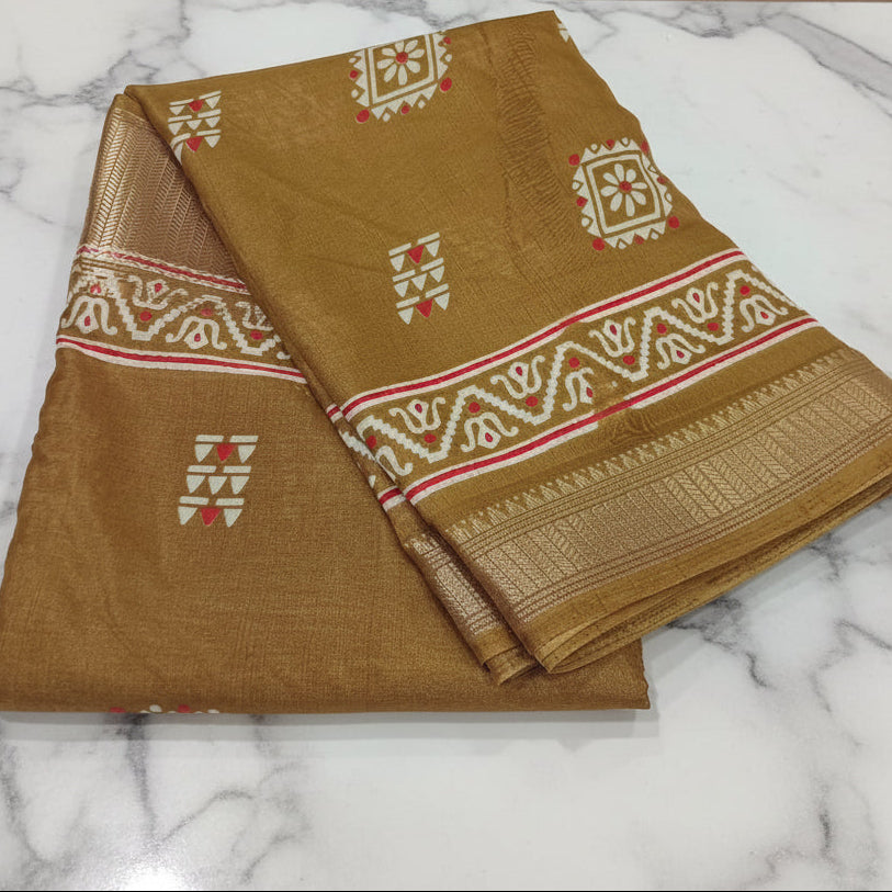 Silk Georgette borderless saree with Printed Buttas ,flowy drape elegant light weight Silk blend saree in Yellow Color