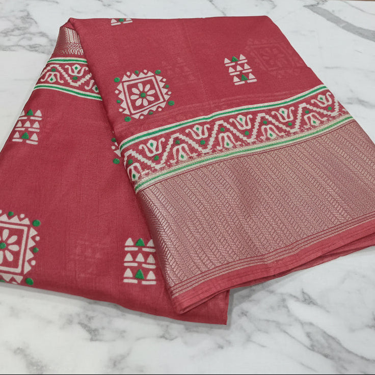 Silk Georgette borderless saree with Printed Buttas ,flowy drape elegant light weight Silk blend saree in Peach Color