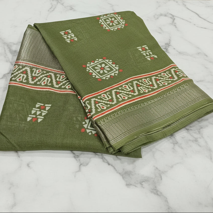 Silk Georgette borderless saree with Printed Buttas ,flowy drape elegant light weight Silk blend saree in Green Color