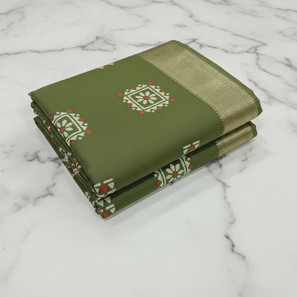 Silk Georgette borderless saree with Printed Buttas ,flowy drape elegant light weight Silk blend saree in Green Color