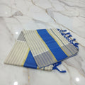 Tissue Silk Saree with Gold Kasavu Authentic Kerala Kasavu Saree in Cream Color with wide Royal Blue color band and Stripes all over saree with tassels