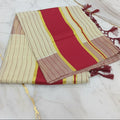 Tissue Silk Saree with Gold Kasavu Authentic Kerala Kasavu Saree in Cream Color with wide Red color band and Stripes all over saree with tassels