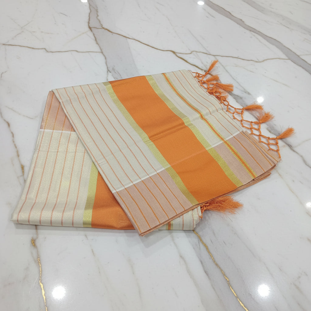 Tissue Silk Saree with Gold Kasavu Authentic Kerala Kasavu Saree in Cream Color with wide Light Orange color band and Stripes all over saree with tassels
