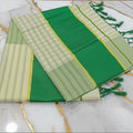 Tissue Silk Saree with Gold Kasavu Authentic Kerala Kasavu Saree in Cream Color with wide Royal Green color band, Checkered pattern and Stripes all over saree with tassels