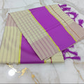Tissue Silk Saree with Gold Kasavu Authentic Kerala Kasavu Saree in Cream Color with wide Light Purple color band, Checkered pattern and Stripes all over saree with tassels