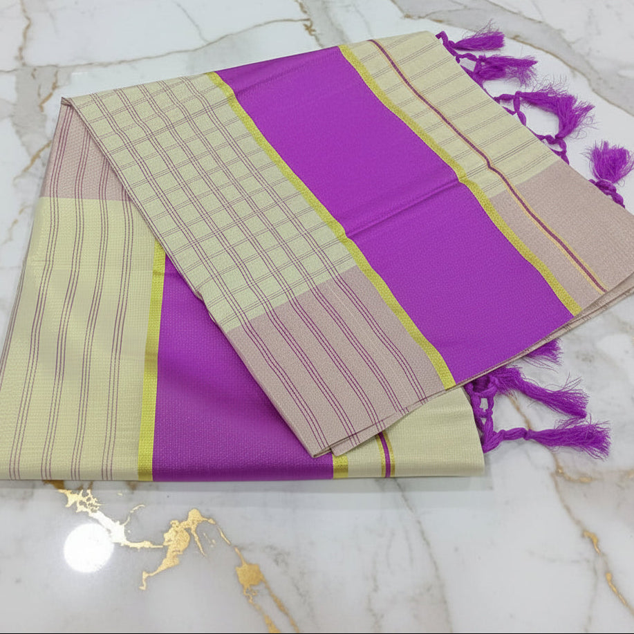 Tissue Silk Saree with Gold Kasavu Authentic Kerala Kasavu Saree in Cream Color with wide Light Purple color band, Checkered pattern and Stripes all over saree with tassels