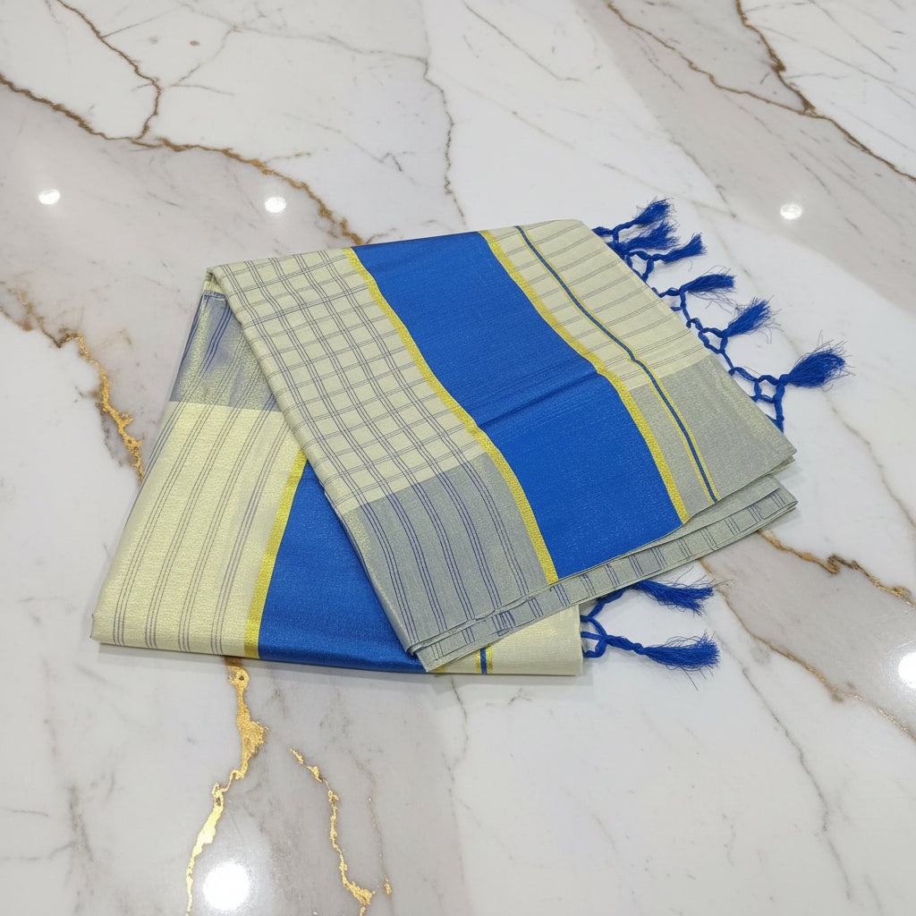 Tissue Silk Saree with Gold Kasavu Authentic Kerala Kasavu Saree in Cream Color with wide Royal Blue color band, Checkered pattern and Stripes all over saree with tassels
