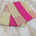 Tissue Silk Saree with Gold Kasavu Authentic Kerala Kasavu Saree in Cream Color with wide Light Pink color band, Checkered pattern and Stripes all over saree with tassels