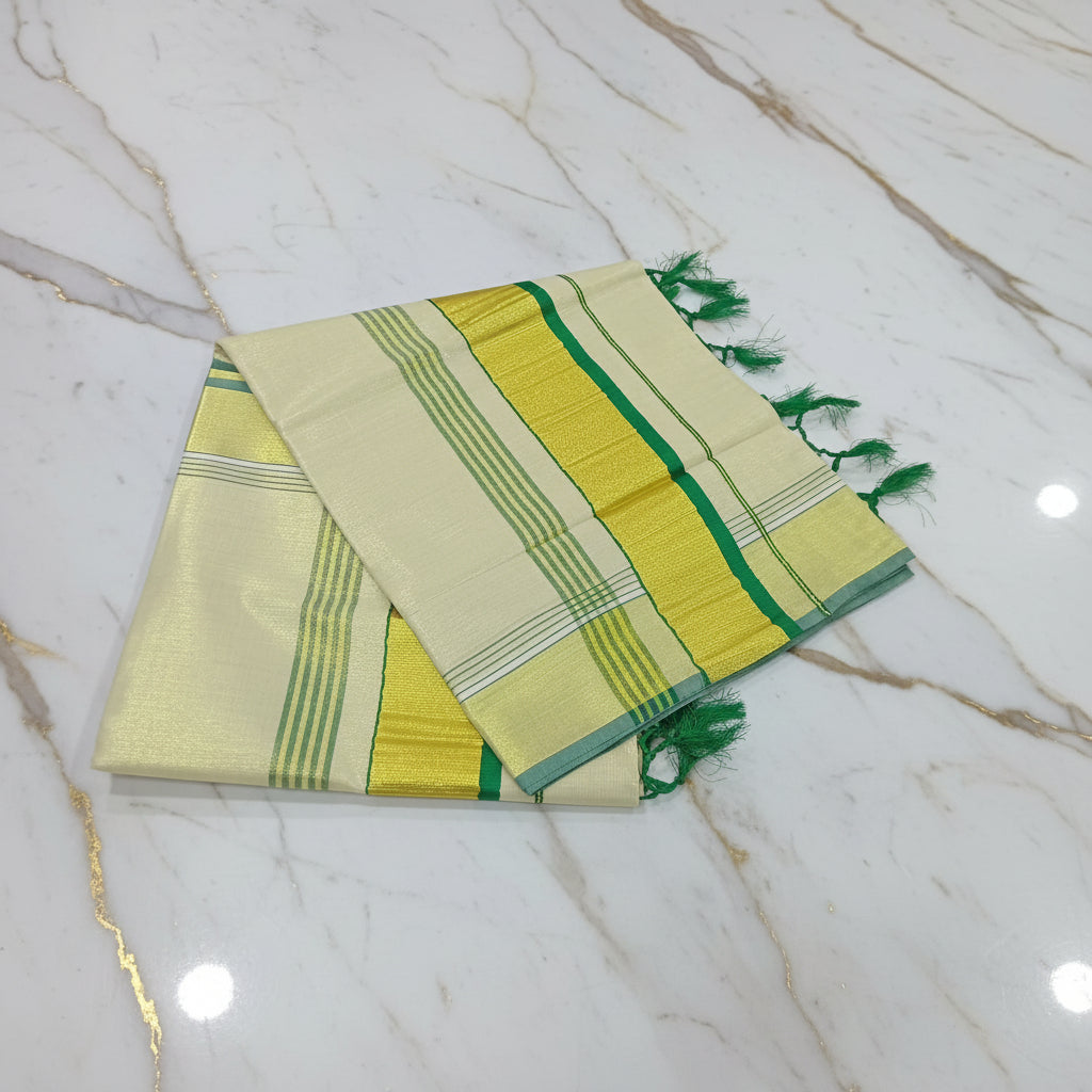 Tissue Silk Saree with Gold Kasavu Authentic Kerala Kasavu Saree in Cream Color with thin Green color bands and tassels