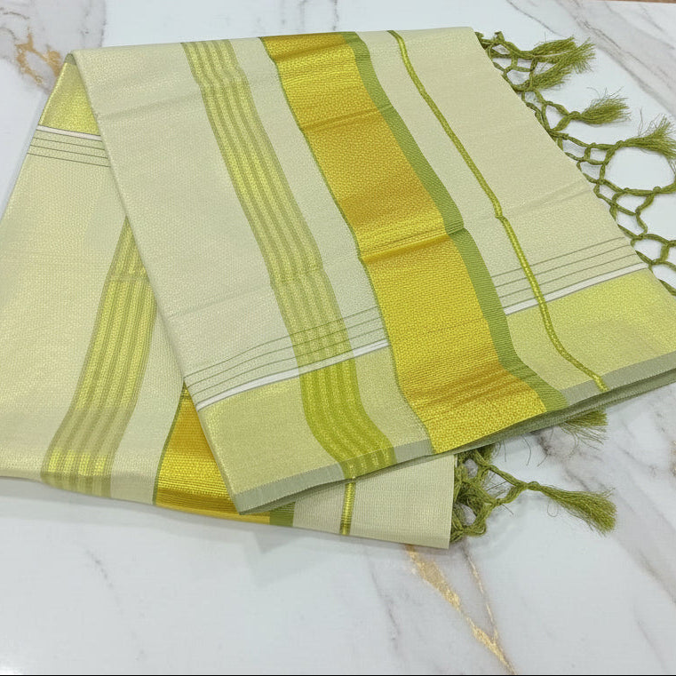 Light Green Kerala kasavu tissue silk saree with gold zari border