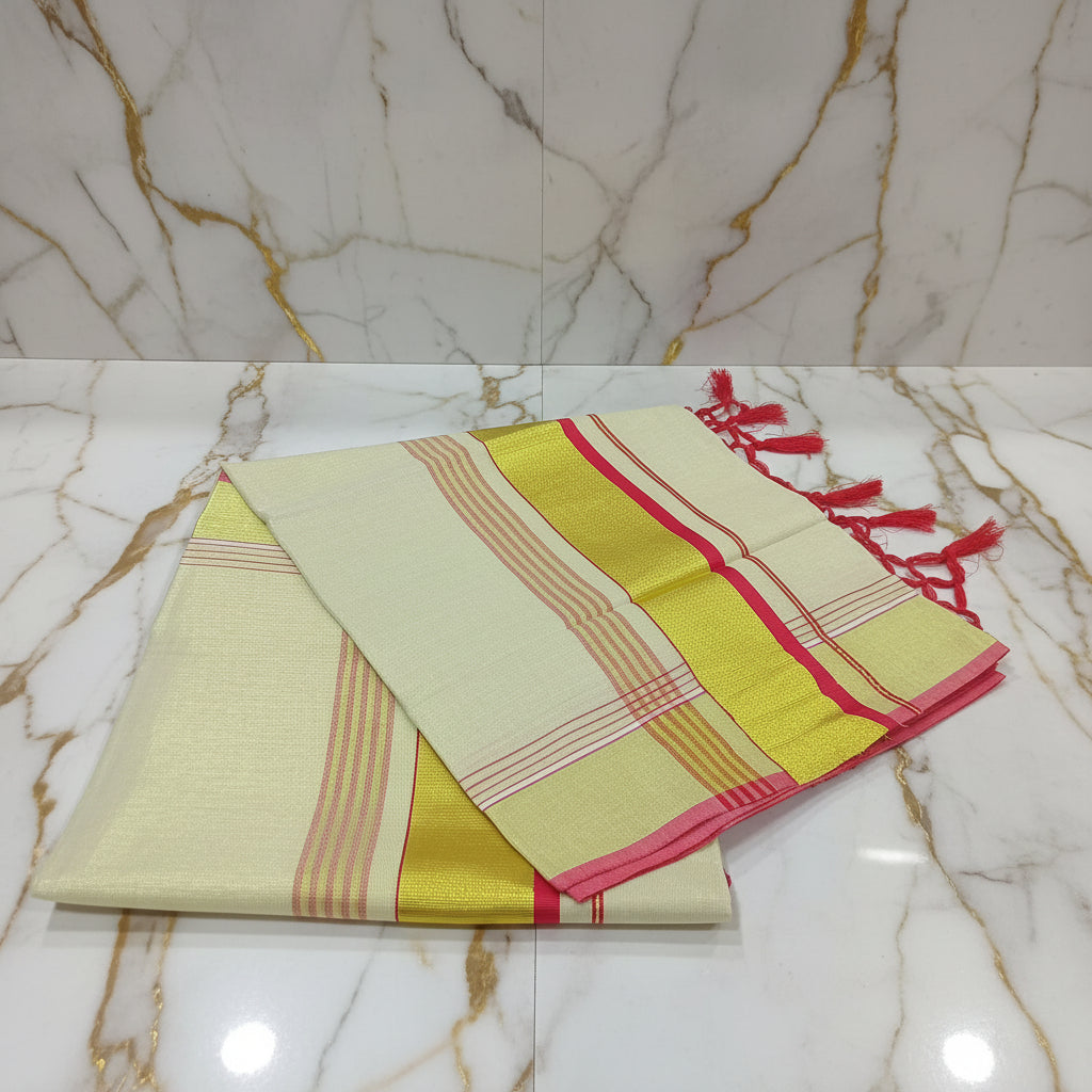 Pinkish Red Kerala kasavu tissue silk saree with gold zari border