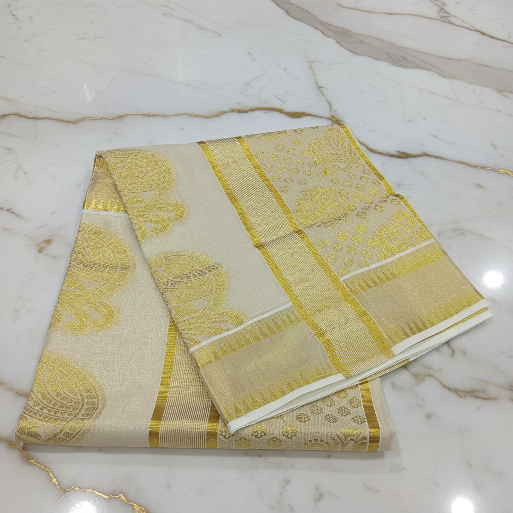 Cream & Gold Kerala kasavu tissue silk saree with gold zari border