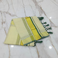 Tissue Silk Saree with Gold Kasavu Authentic Kerala Kasavu Saree in Cream Color with thin Dark Green color bands and tassels
