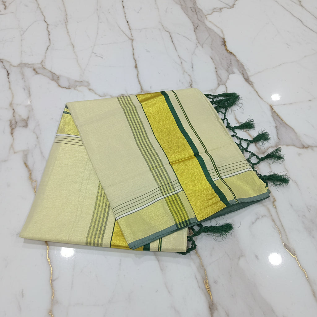 Tissue Silk Saree with Gold Kasavu Authentic Kerala Kasavu Saree in Cream Color with thin Dark Green color bands and tassels
