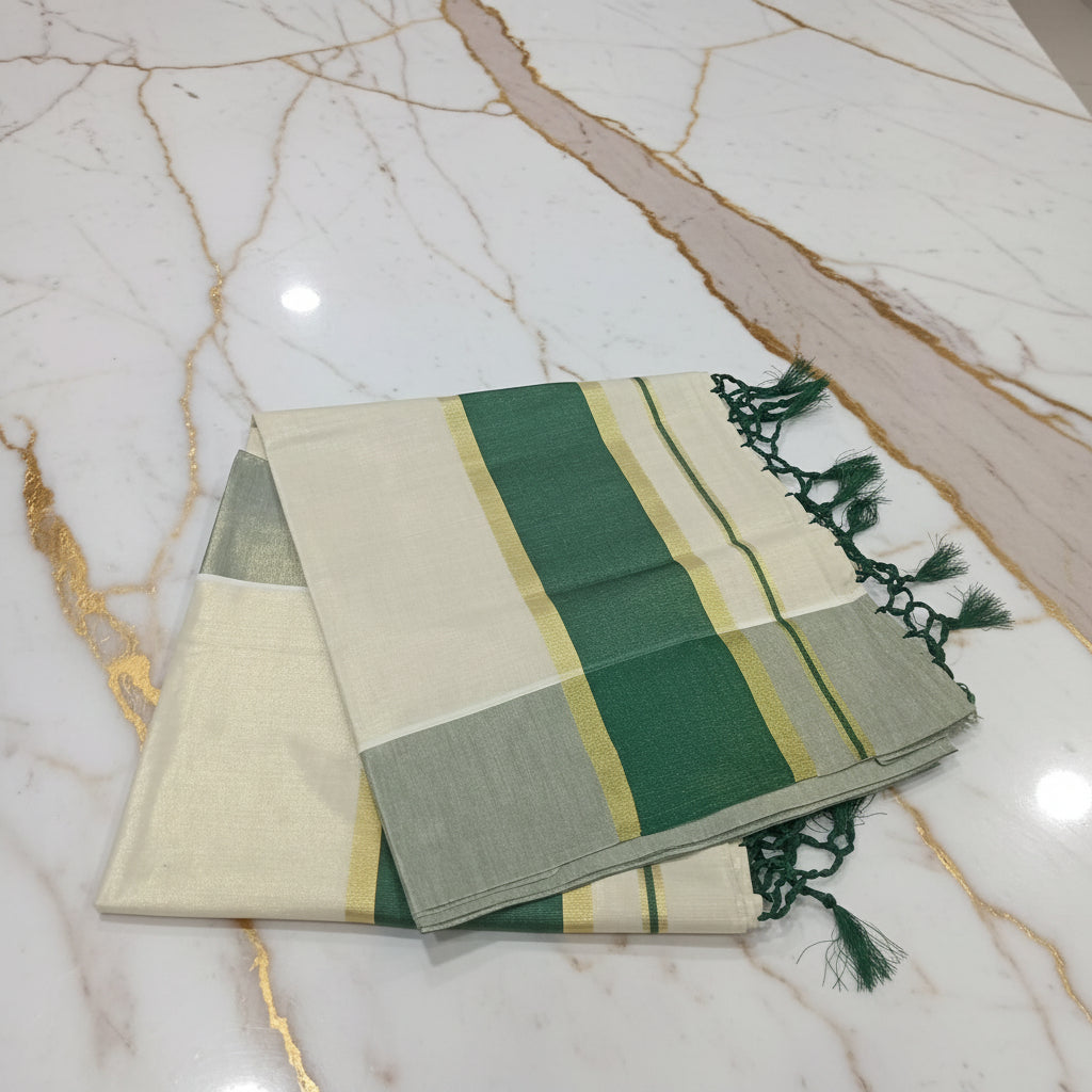 Tissue Silk Saree with Gold Kasavu Authentic Kerala Kasavu Saree in Cream Color with wide Dark Green color bands and tassels