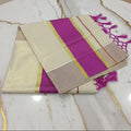 Tissue Silk Saree with Gold Kasavu Authentic Kerala Kasavu Saree in Cream Color with wide Royal Pink color bands and tassels