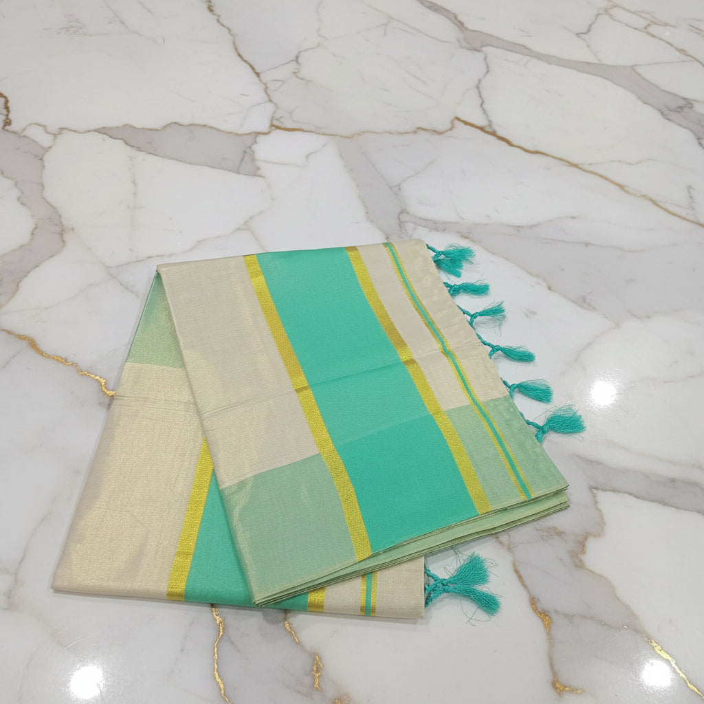 Tissue Silk Saree with Gold Kasavu Authentic Kerala Kasavu Saree in Cream Color with wide Turquoise color bands and tassels