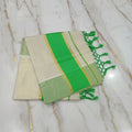 Tissue Silk Saree with Gold Kasavu Authentic Kerala Kasavu Saree in Cream Color with wide Light Green color bands and tassels