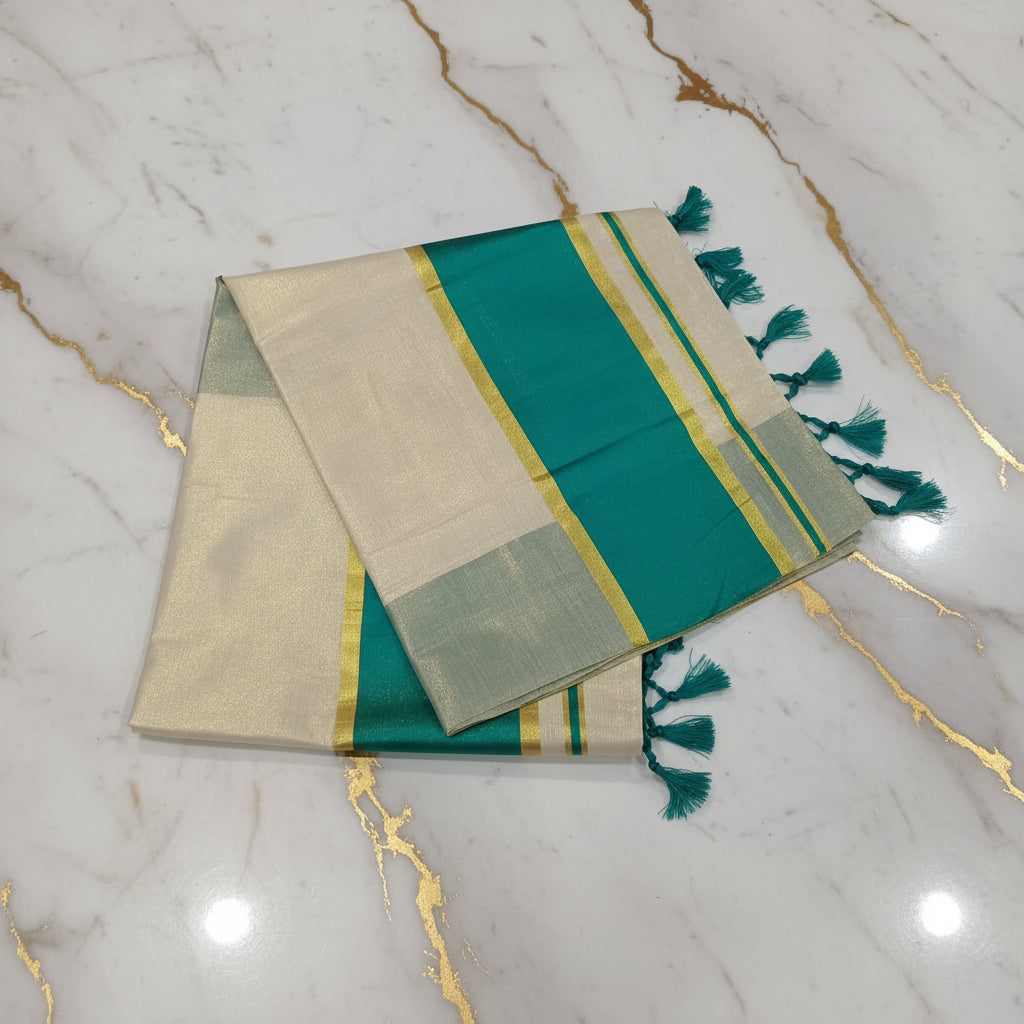 Tissue Silk Saree with Gold Kasavu Authentic Kerala Kasavu Saree in Cream Color with wide Green color bands and tassels