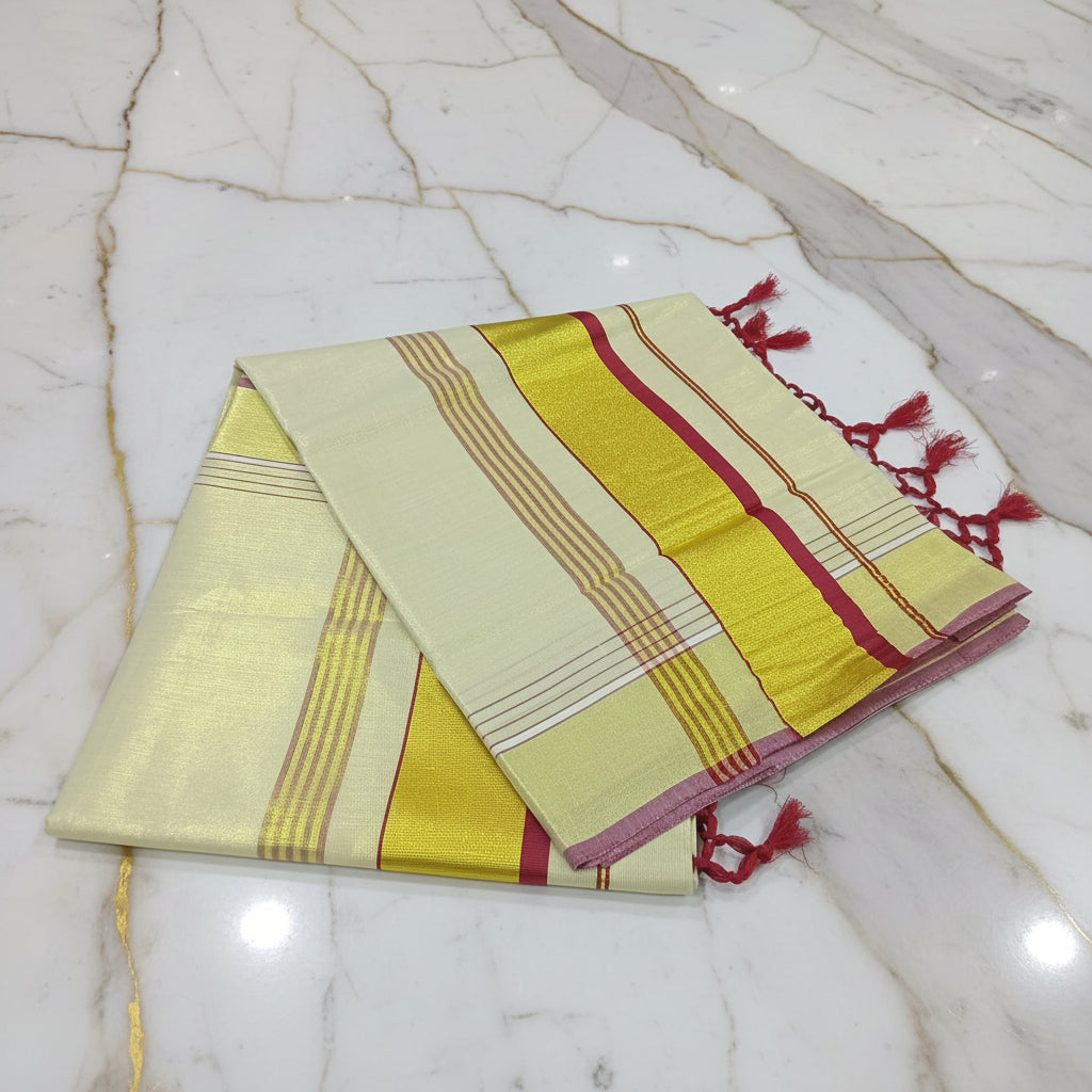 Dark Red Kerala kasavu tissue silk saree with gold zari border