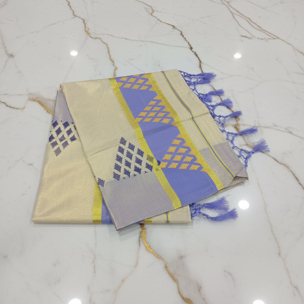 Tissue Silk Saree with Gold Kasavu Authentic Kerala Kasavu Saree in Cream Color with Printed Geometric Temple Border in Royal Lilac Color