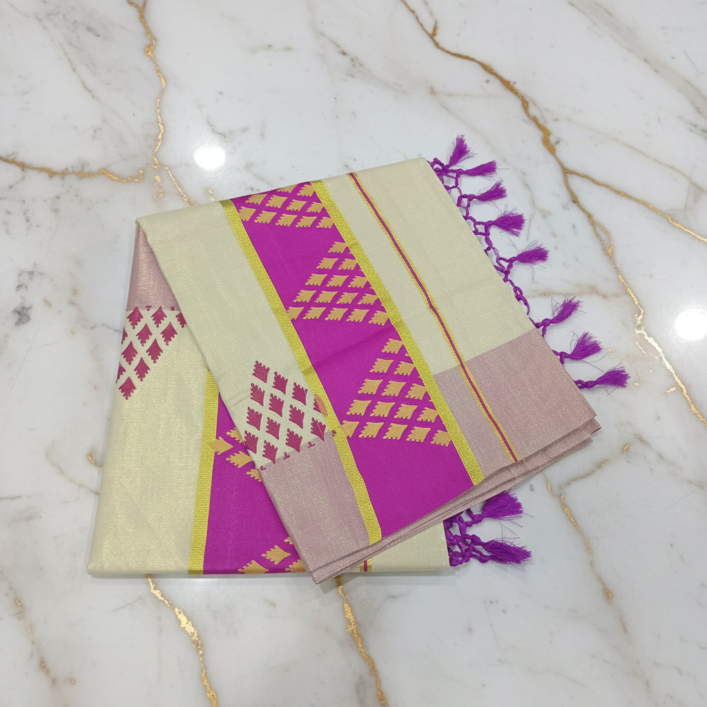 Royal Pink Kerala kasavu tissue silk saree with gold zari border