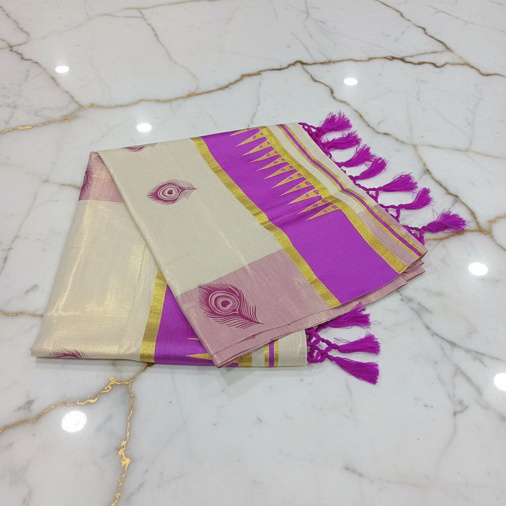 Tissue Silk Saree with Gold Kasavu Authentic Kerala Kasavu Saree in Cream Color with Printed Royal Pink Peacock Feathers (Copy)