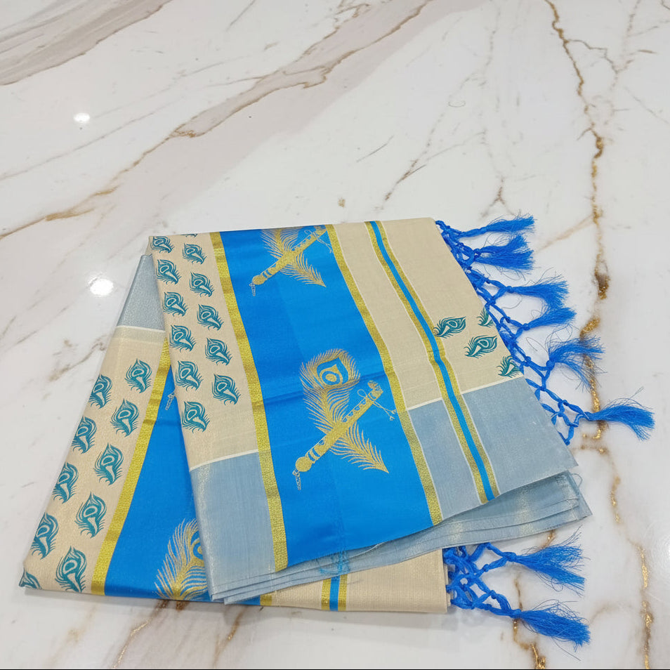 Light Blue Kerala kasavu tissue silk saree with gold zari border