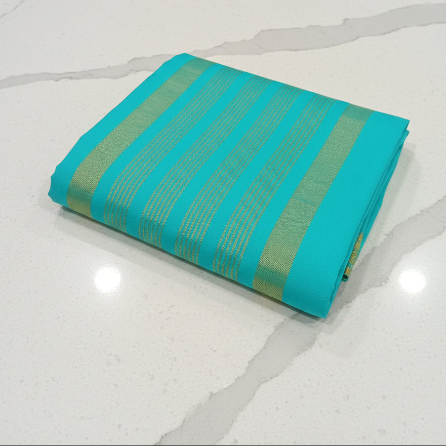 Georgette Silk Plain Saree with elegant gold silk thread border and thin lines Pallu in Turquoise Color (Copy)