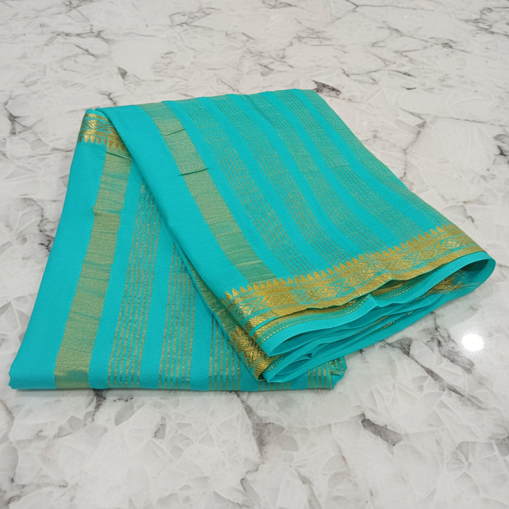 Georgette Silk Plain Saree with elegant gold silk thread border and thin lines Pallu in Turquoise Color (Copy)
