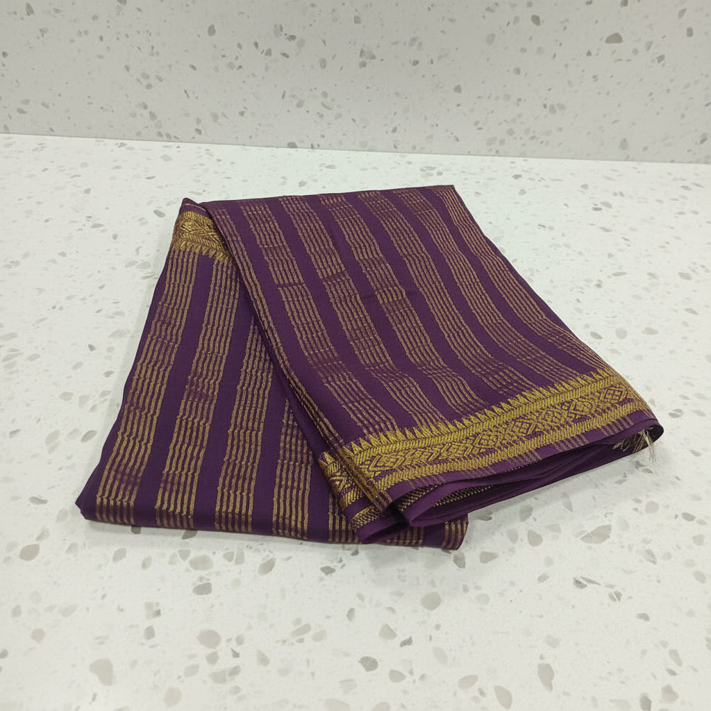Georgette Silk Plain Saree with elegant gold silk thread border and thin lines Pallu in Dark Purple Color