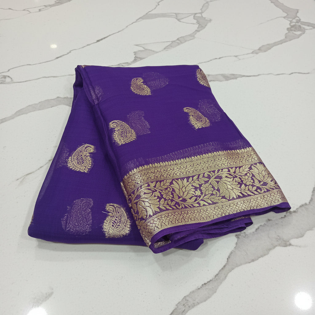 Georgette Saree with elegant gold silk thread Mango Buttas all over intricate border and Pallu in Purple Color
