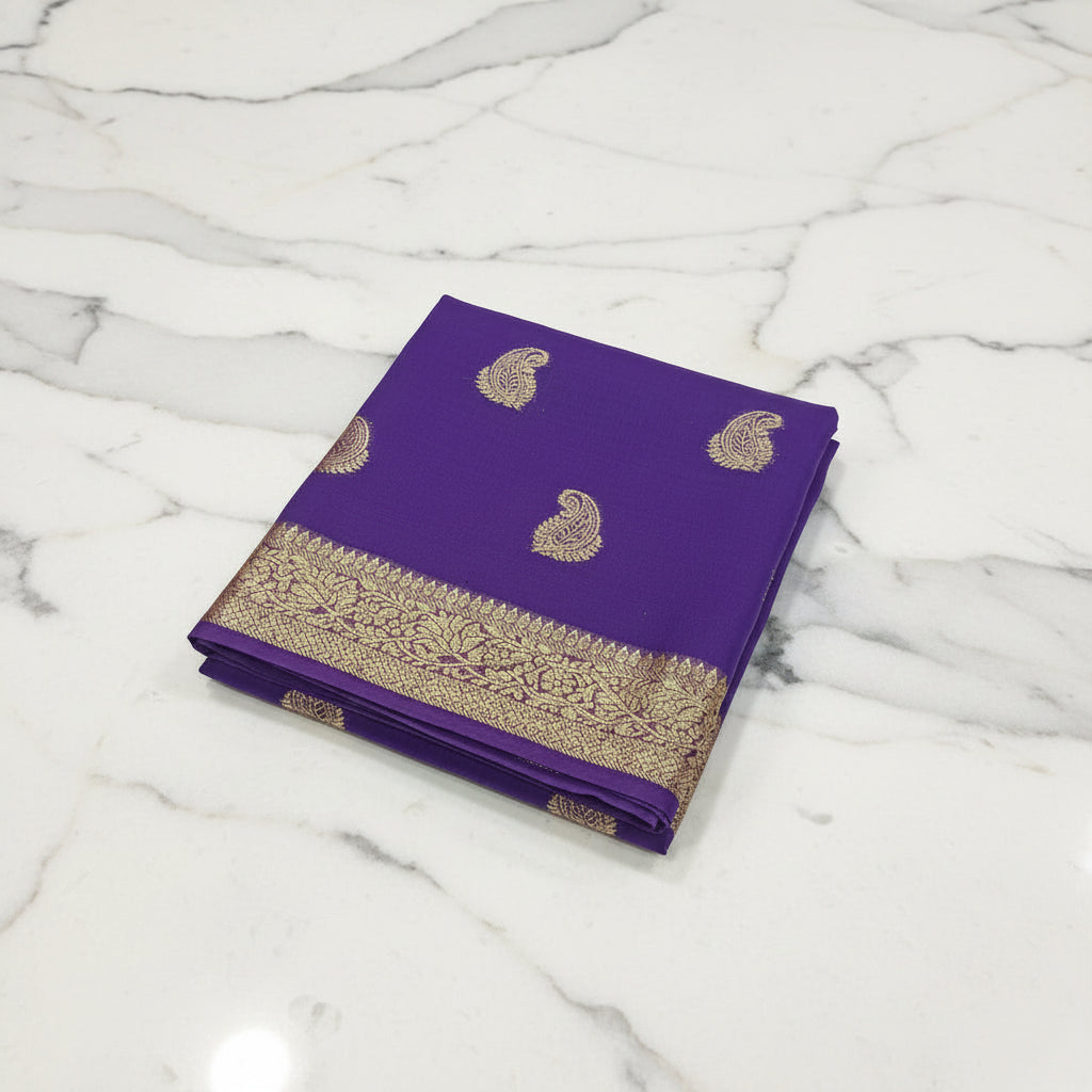 Georgette Saree with elegant gold silk thread Mango Buttas all over intricate border and Pallu in Purple Color
