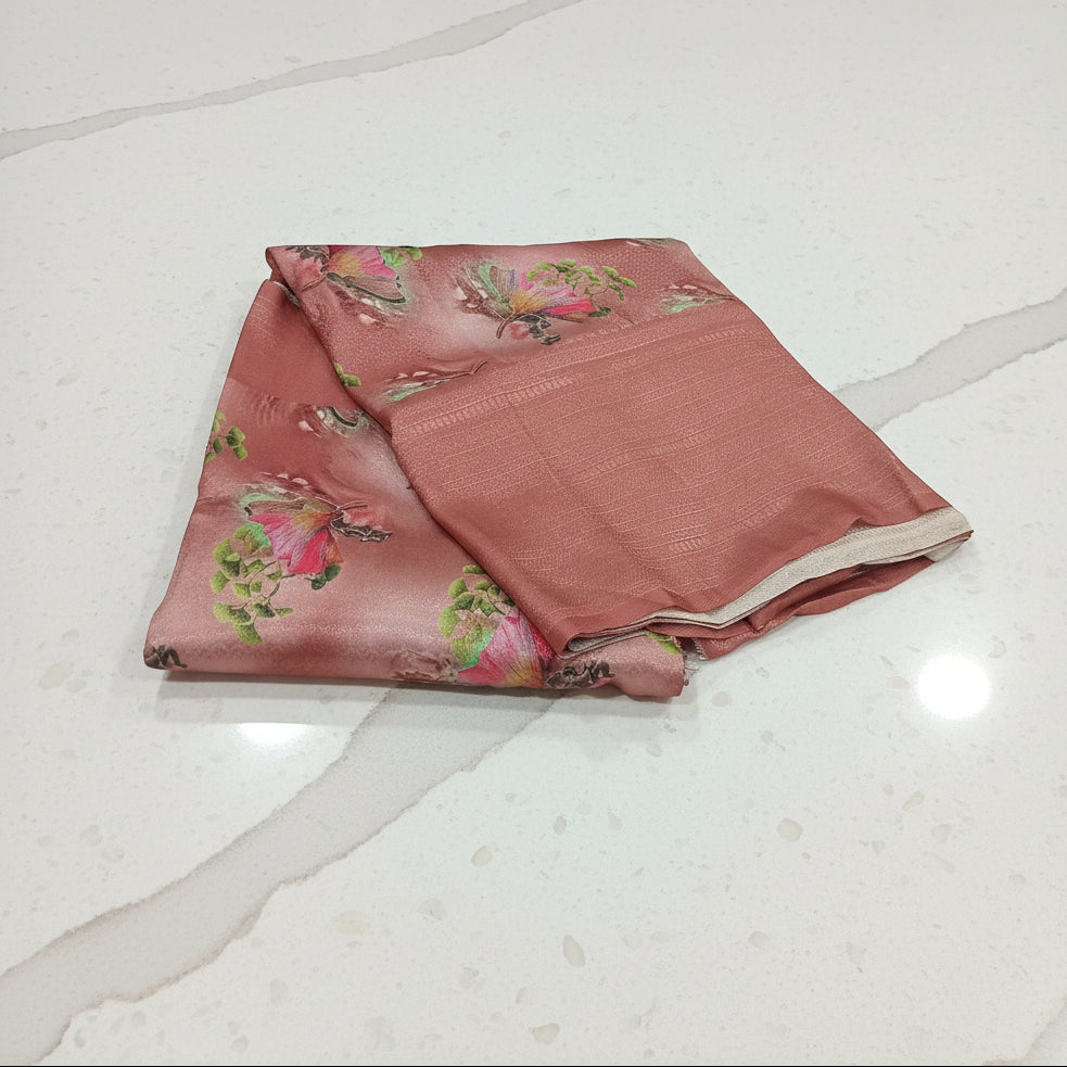 Georgette Silk Saree with beautiful Flowers printed all over saree with wide border in Peachish Brown Color