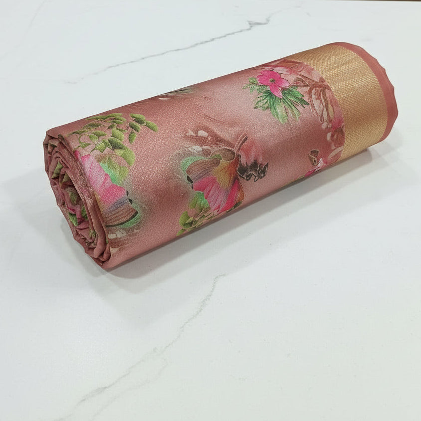 Georgette Silk Saree with beautiful Flowers printed all over saree with wide border in Peachish Brown Color
