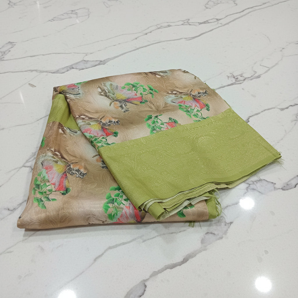Georgette Silk Saree with beautiful Flowers printed all over saree with wide border in Brownish Green Color