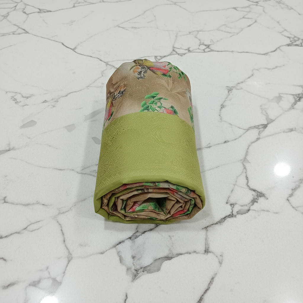 Georgette Silk Saree with beautiful Flowers printed all over saree with wide border in Brownish Green Color