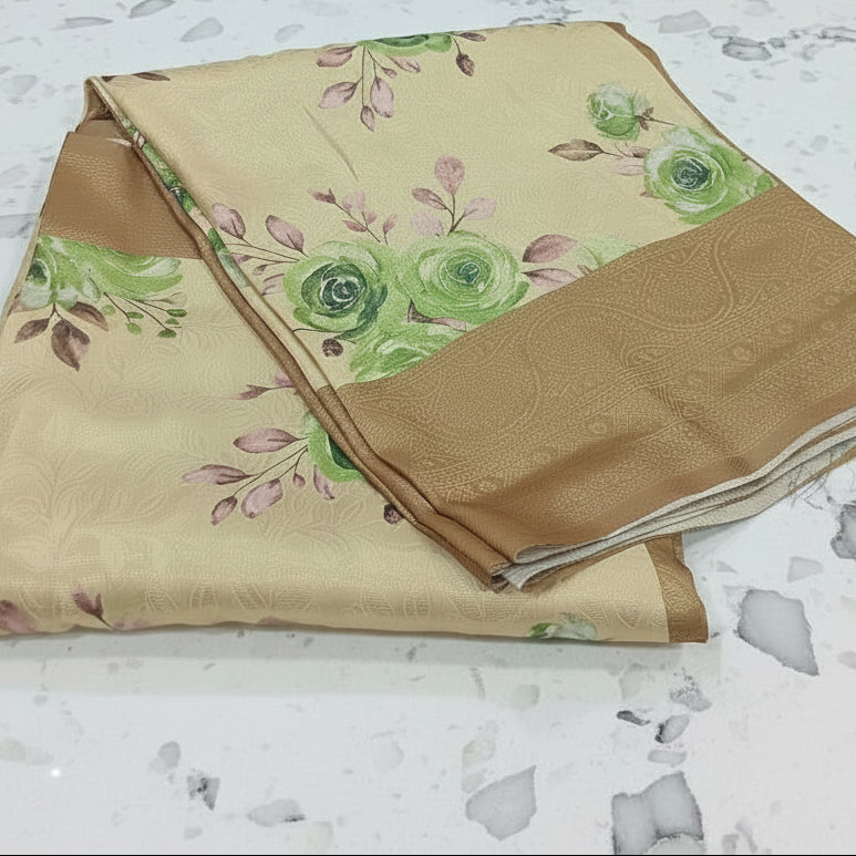 Georgette Silk Saree with beautiful Flowers printed all over saree with wide border in Creamish Brown  Color