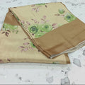 Georgette Silk Saree with beautiful Flowers printed all over saree with wide border in Creamish Brown  Color
