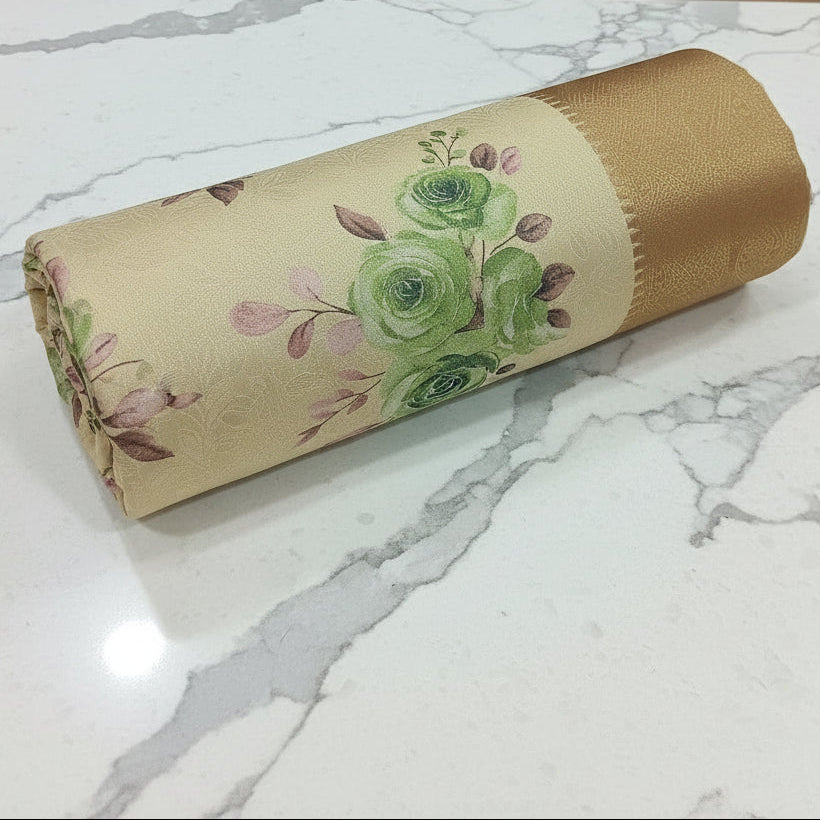 Georgette Silk Saree with beautiful Flowers printed all over saree with wide border in Creamish Brown  Color
