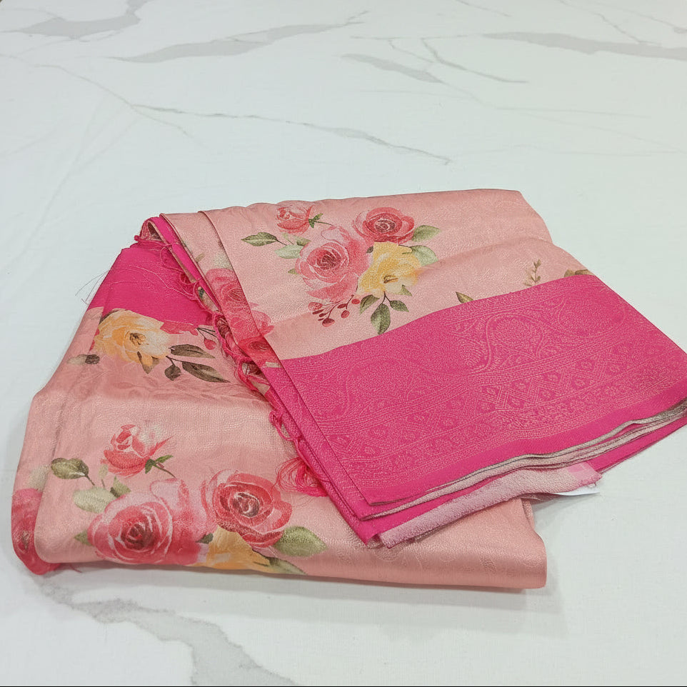 Georgette Silk Saree with beautiful Flowers printed all over saree with wide border in Pinkish Pink  Color