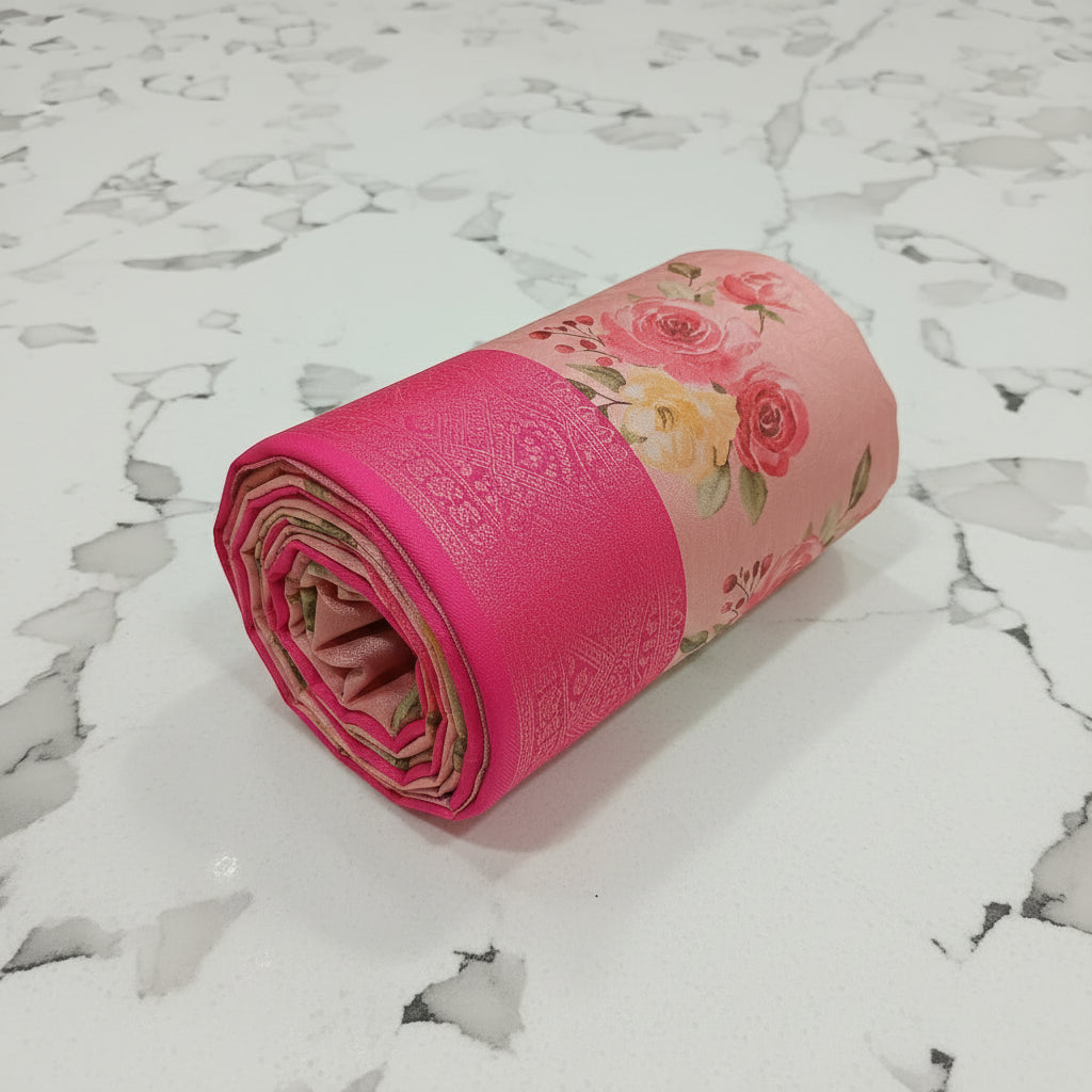 Georgette Silk Saree with beautiful Flowers printed all over saree with wide border in Pinkish Pink  Color