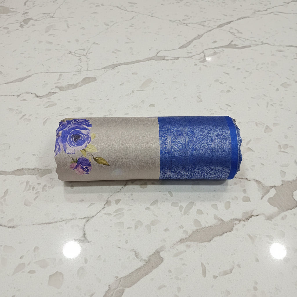 Georgette Silk Saree with beautiful Flowers printed all over saree with wide border in Greyish Blue  Color