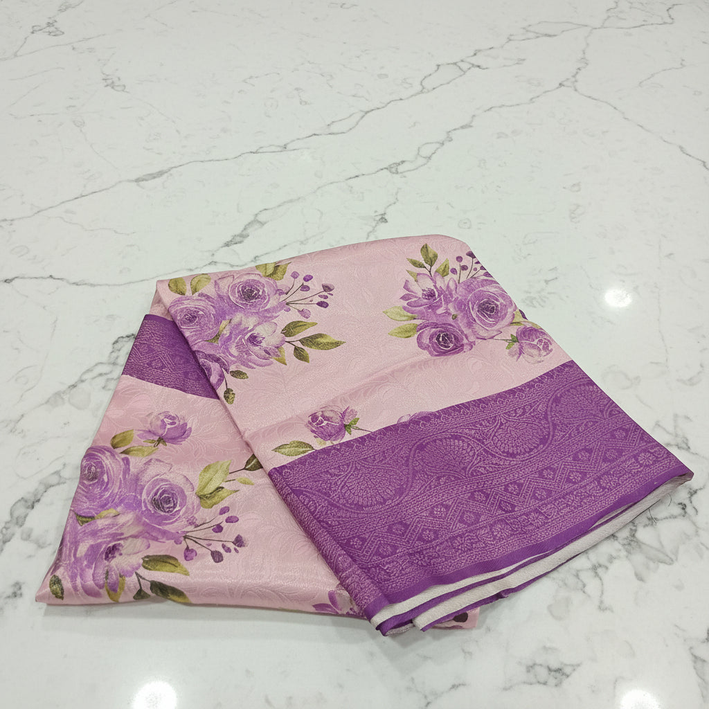 Georgette Silk Saree with beautiful Flowers printed all over saree with wide border in Pinkish Purple Color