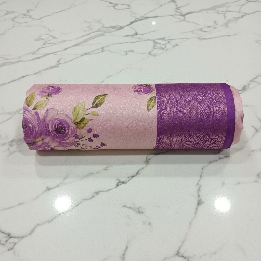Georgette Silk Saree with beautiful Flowers printed all over saree with wide border in Pinkish Purple Color