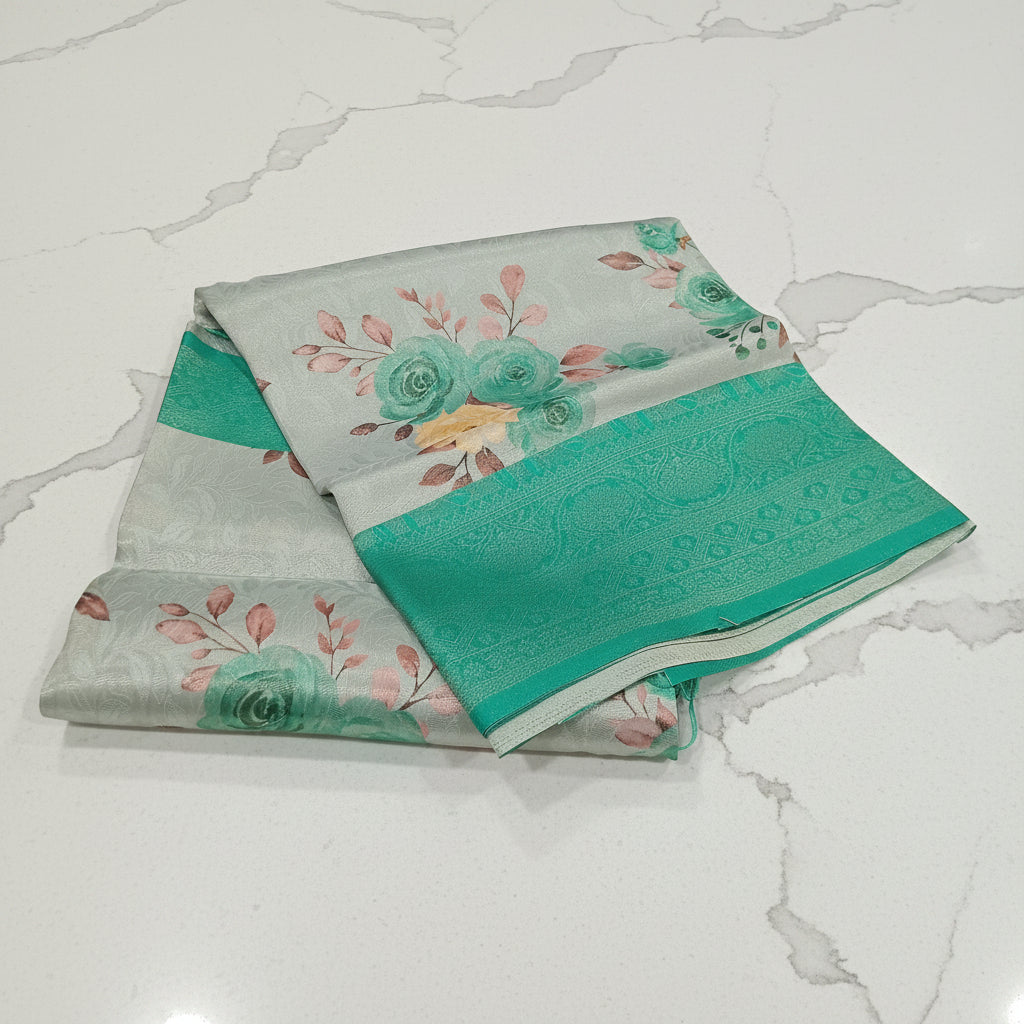 Georgette Silk Saree with beautiful Flowers printed all over saree with wide border in Greenish Green  Color