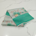 Georgette Silk Saree with beautiful Flowers printed all over saree with wide border in Greenish Green  Color