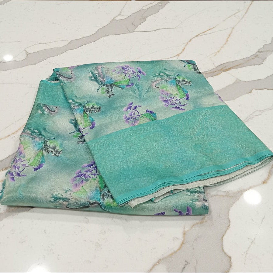 Georgette Silk Saree with beautiful Flowers printed all over saree with wide border in Light Green  Color