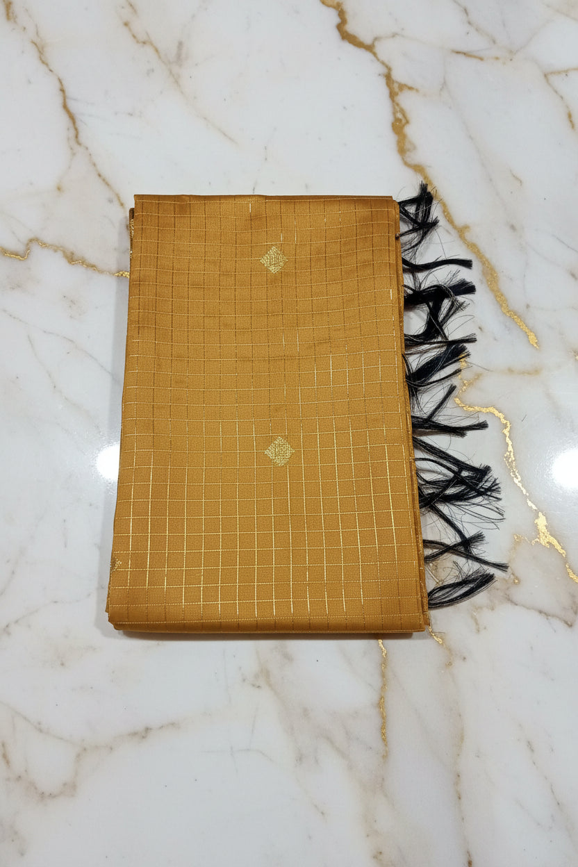 Kanchipuram Silk saree with Gold Zari checkered pattern with Gold Butta all over saree and pallu in Yellow color