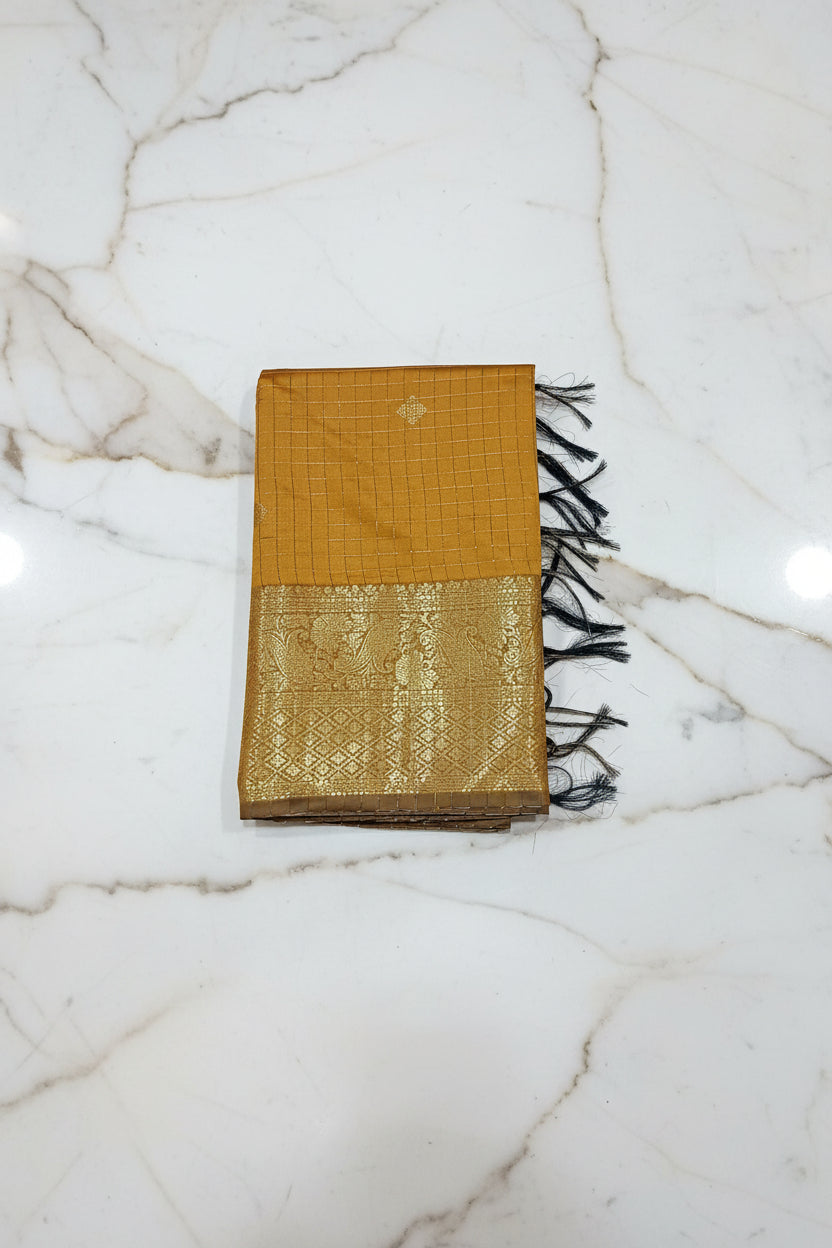 Kanchipuram Silk saree with Gold Zari checkered pattern with Gold Butta all over saree and pallu in Yellow color